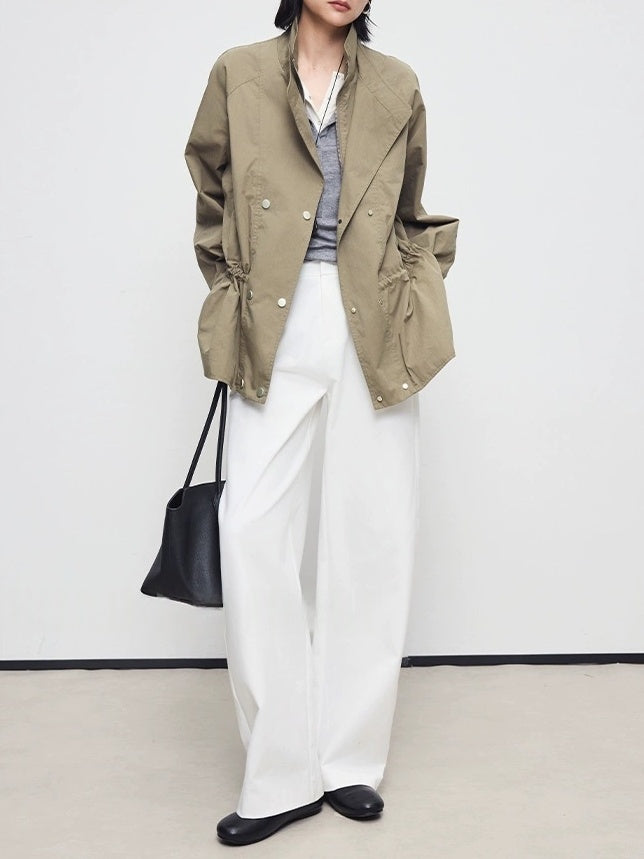 Autumn Retro High-Density Cotton Drawstring Dual-Collar Utility Jacket
