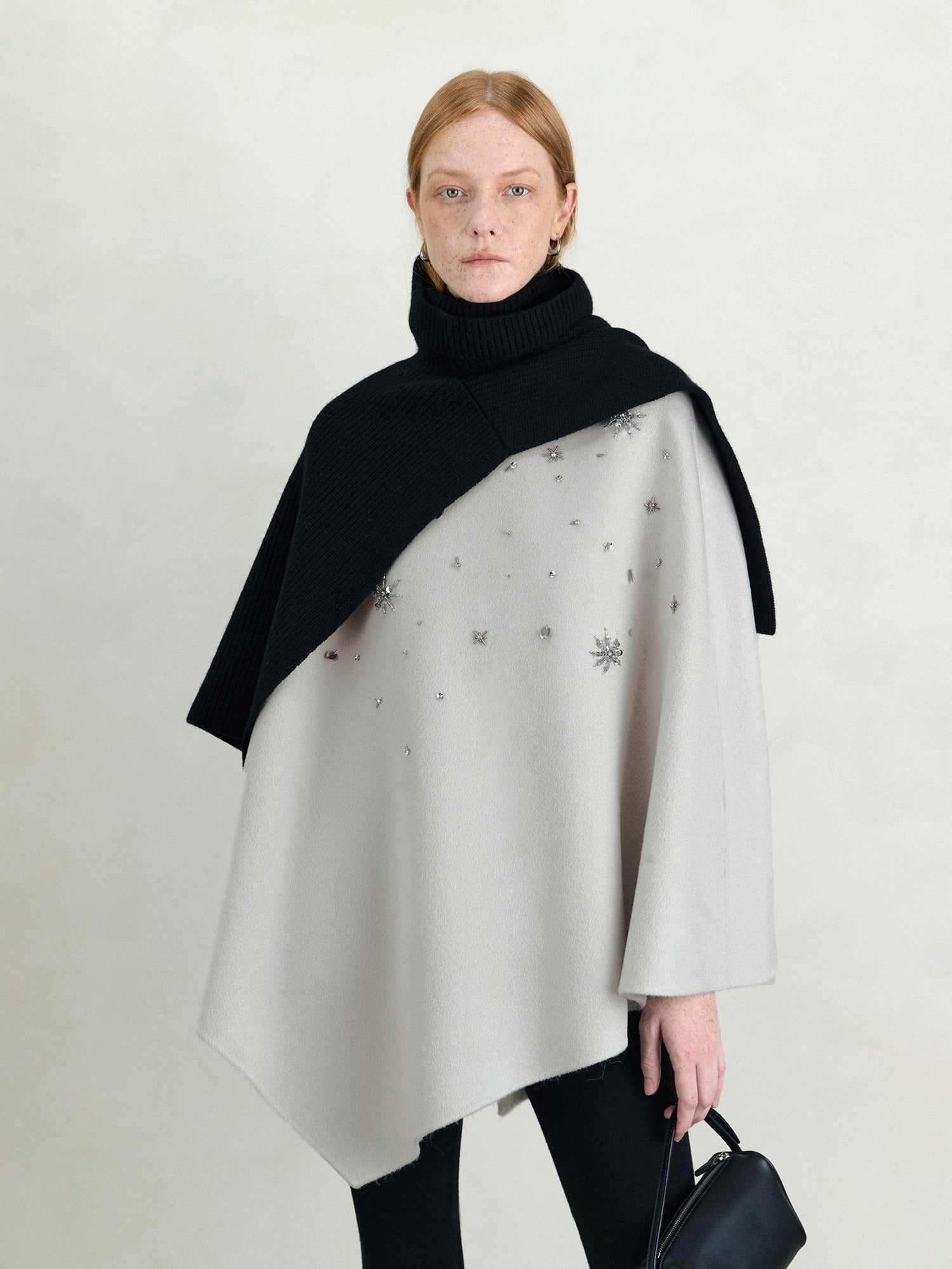 French Elegant Wool Cape Coat – New Winter Woolen Jacket with 3D Snowflake Beading