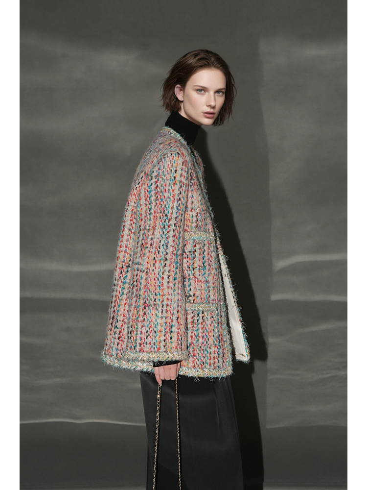 Luxury Tweed Short Jacket for Women – Handwoven Colorful Yarn Chanel-Inspired Round Neck Blazer, Autumn Fashion