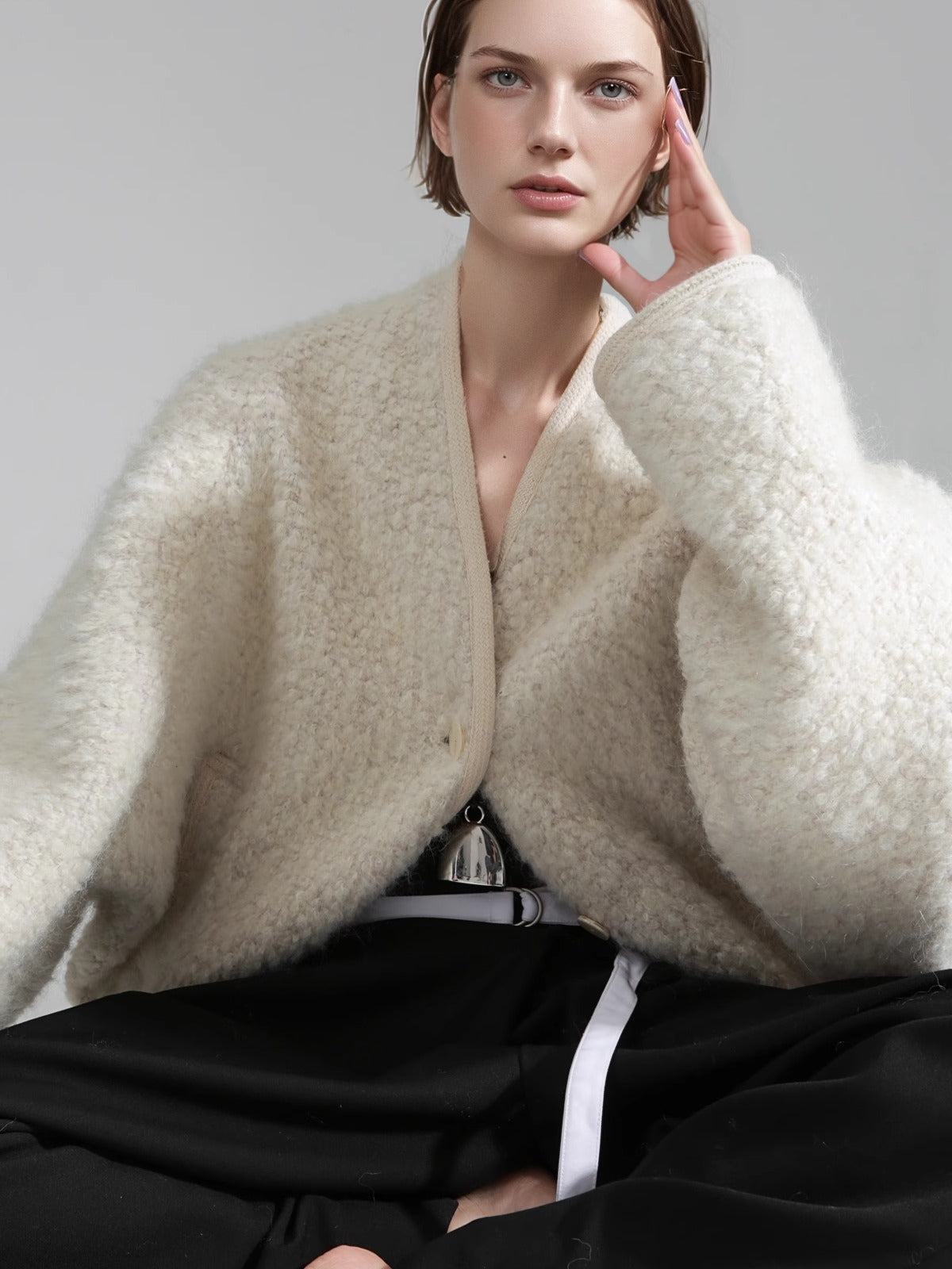 Old Money Style Batwing Sleeve Cardigan Coat for Women – Double-Faced Alpaca Wool Cape with Leather Trim and Speckled Dot Detail