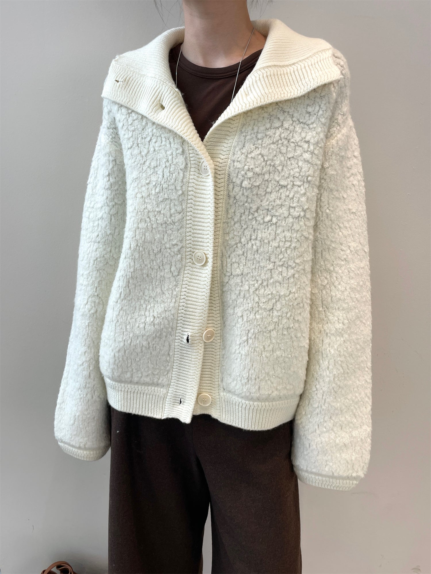 100% Wool Bouclé Knit Stand Collar Sweater Jacket for Women | Heavyweight Thick Textured Wool Cardigan