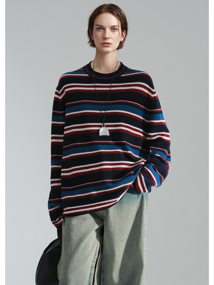 Wide Stripe Wool Knit Sweater for Women – Soft and Cozy Round Neck Pullover for Autumn/Winter