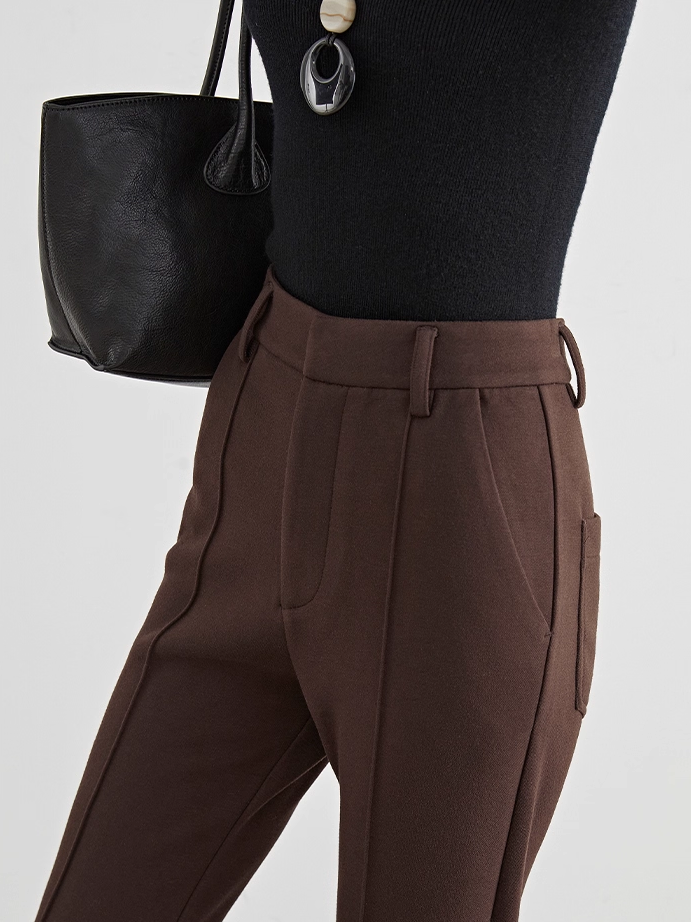 【Supermodel Leg Shape】Women's Coffee Brown Wool Flared Trousers – High-Waist Thick Autumn/Winter Slim Fit Pants