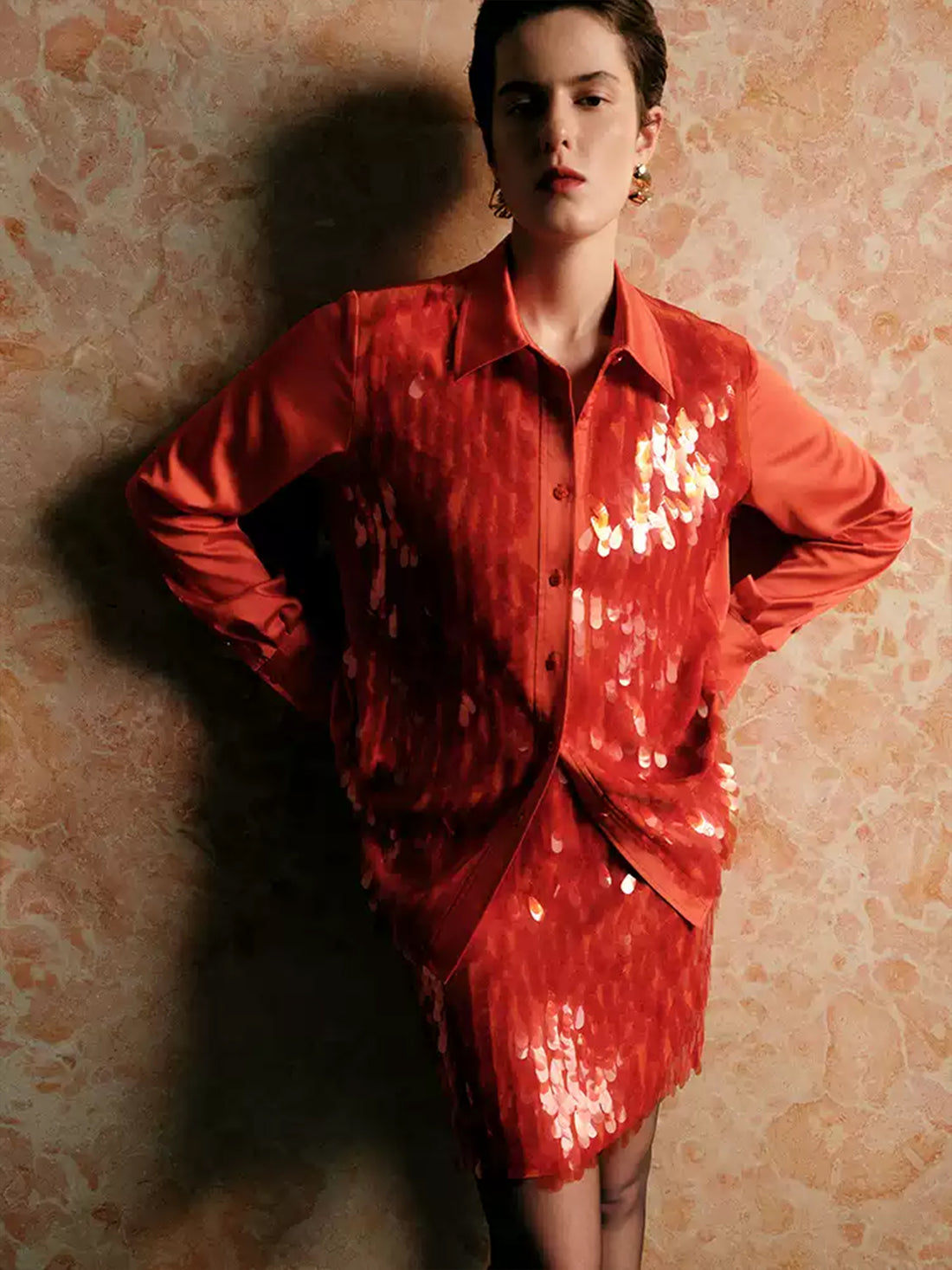 Red Christmas Party Satin Shirt with Teardrop Sequin Embellishments