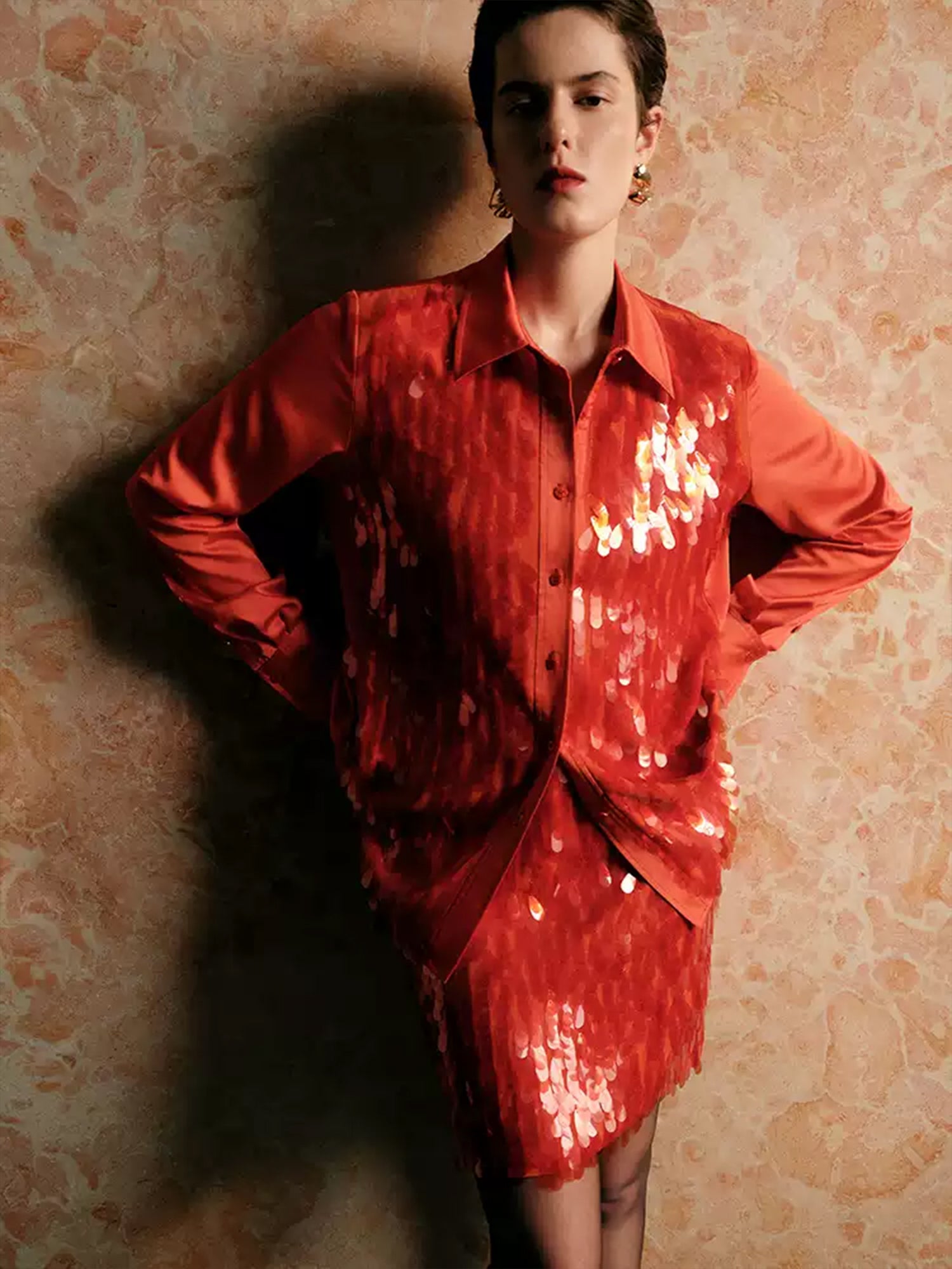 Red Christmas Party Satin Shirt with Teardrop Sequin Embellishments