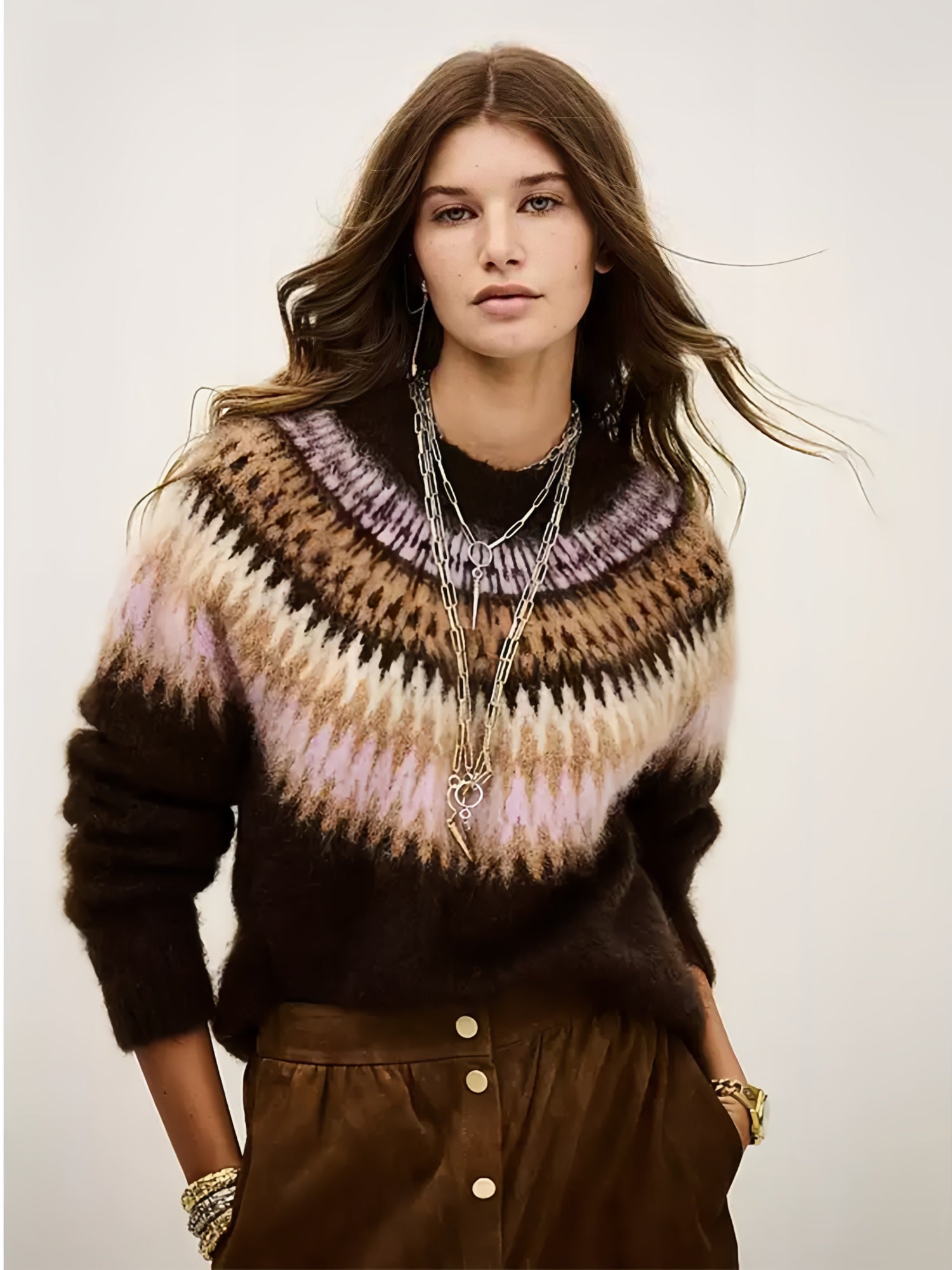 Lavender Fair Isle Mock-Neck Sweater — Vintage-Inspired Slim-Fit Knit Top