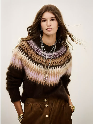 Lavender Fair Isle Mock-Neck Sweater — Vintage-Inspired Slim-Fit Knit Top