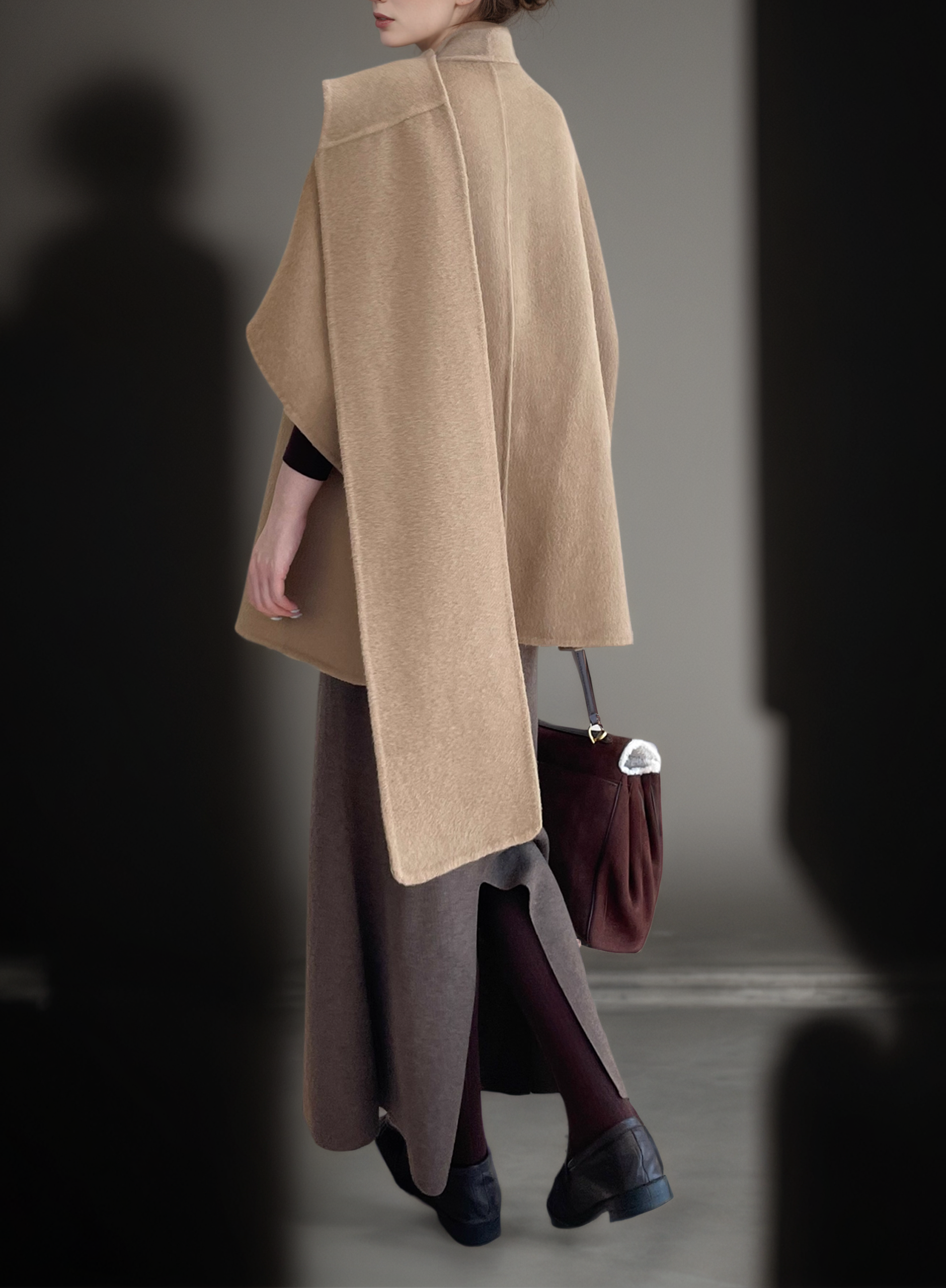 Tencel Wool Double-Faced Shawl Cape Coat for Women | Asymmetric Art-Inspired Deconstructed Design