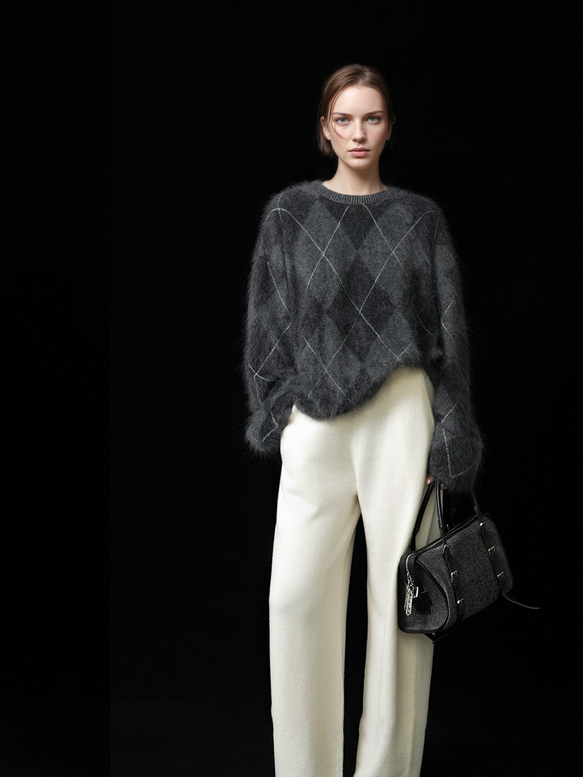 Heavyweight Brushed Knit Vintage Diamond-Pattern Sweater for Women