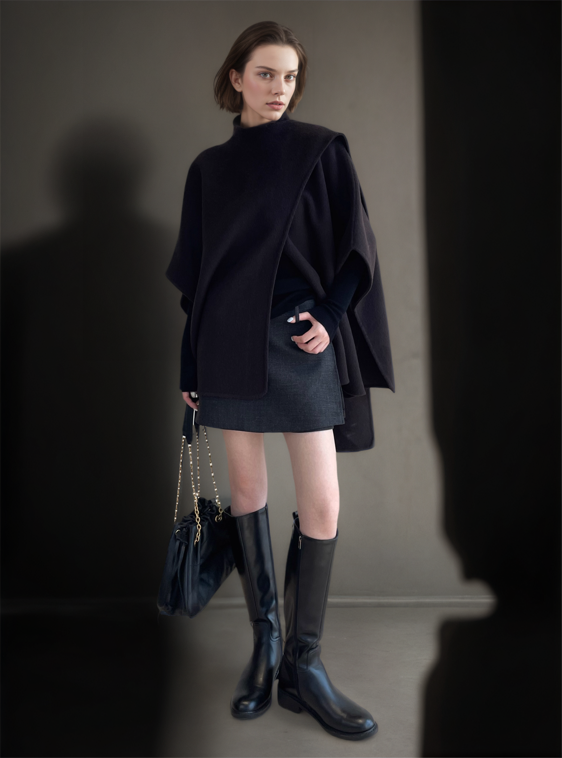 Tencel Wool Double-Faced Shawl Cape Coat for Women | Asymmetric Art-Inspired Deconstructed Design