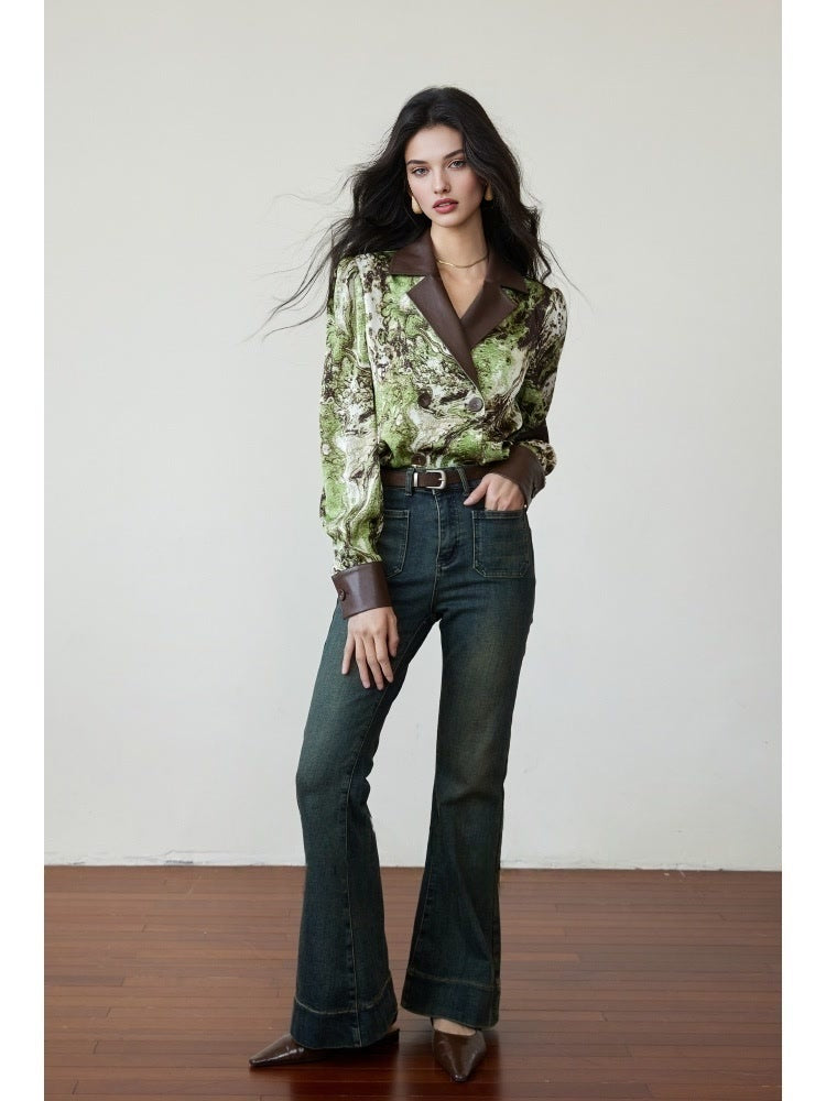 Satin Print & Eco Leather Spliced Double-Breasted Shirt – Floral Long Sleeve with Notched Lapel