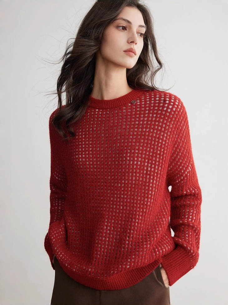 Red Christmas Merino Wool Hollow-Out Knit Sweater for Women – New Soft, Relaxed & Cozy Loose Pullover