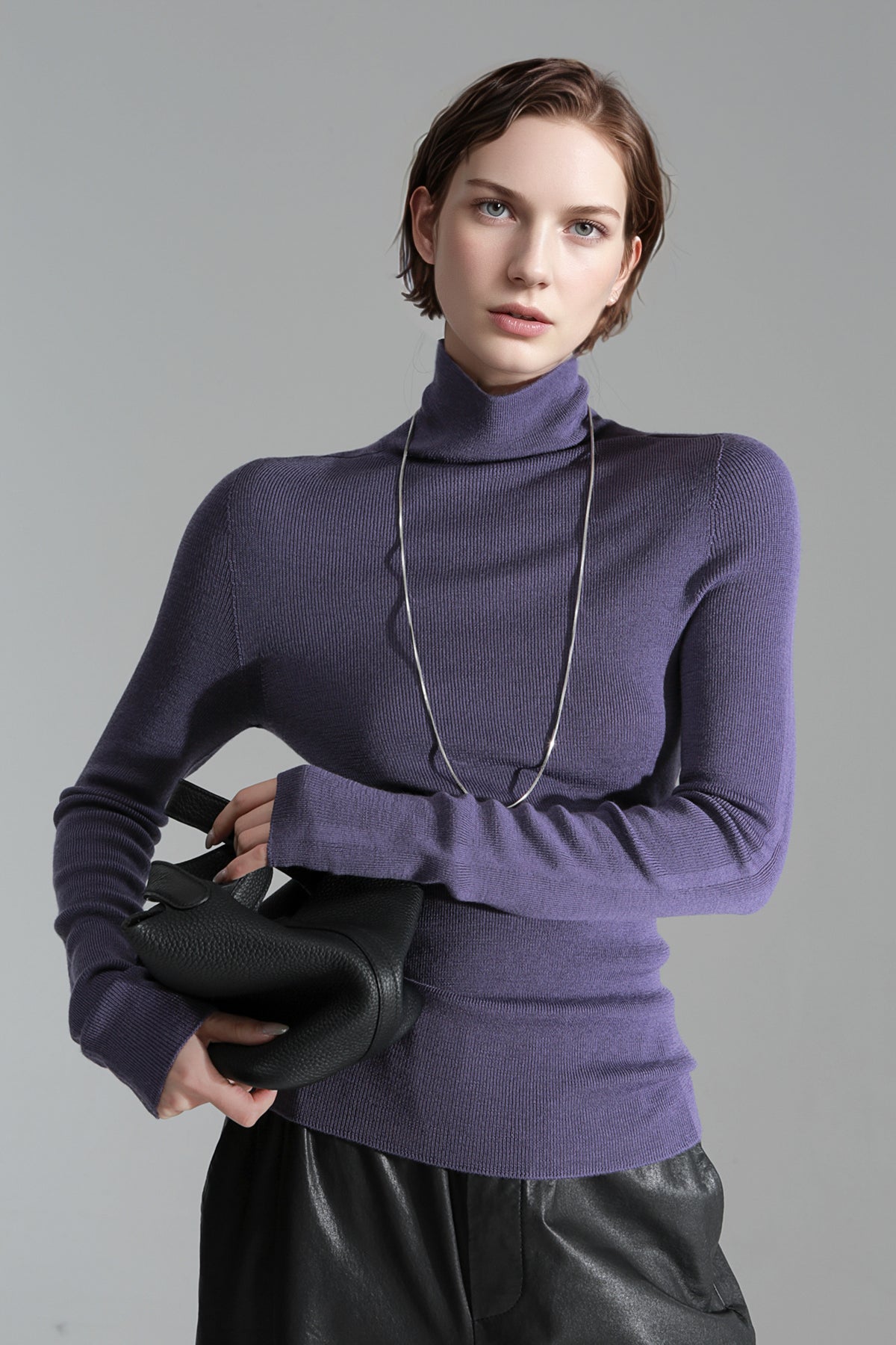 Merino Wool Minimalist Mock Neck Ribbed Knit Top – Cross-Strap Seamless Solid Color Sweater