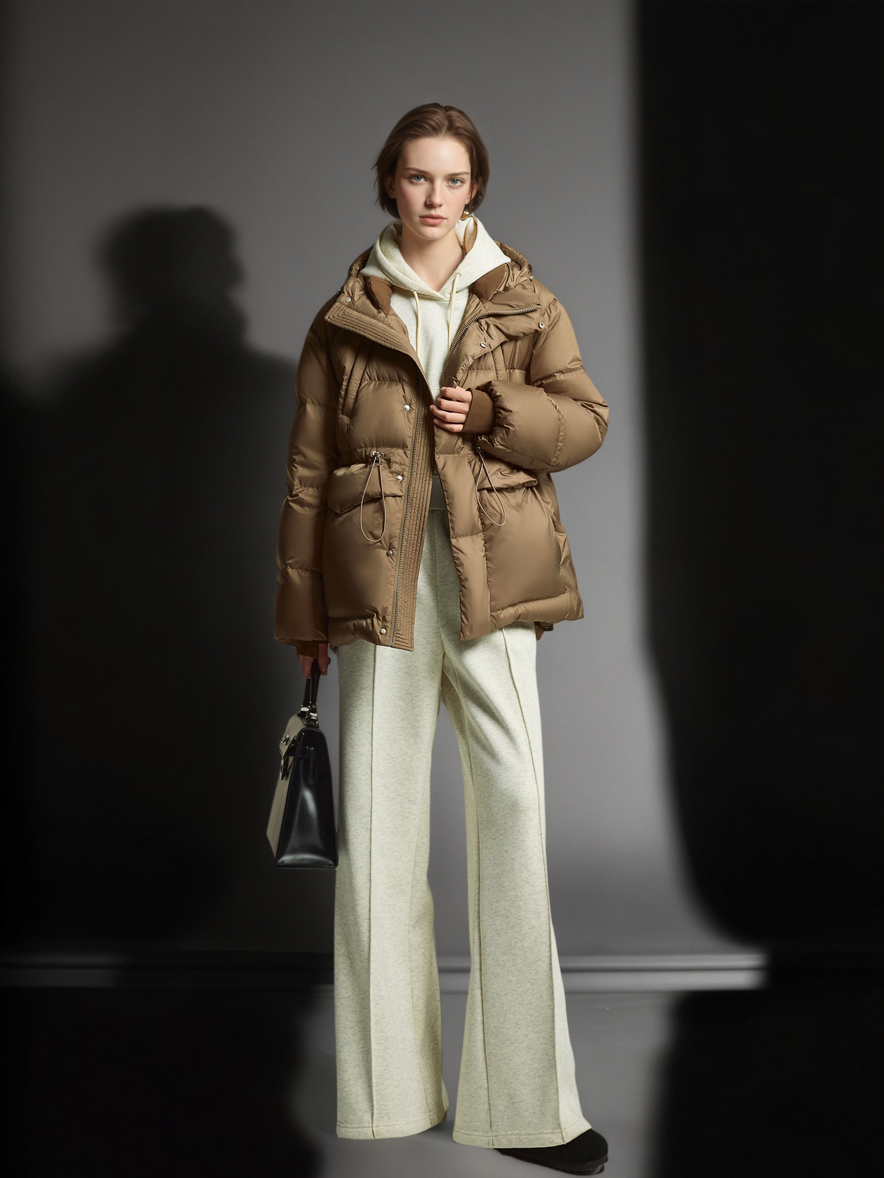 White Duck Down Hooded Puffer Coat – Drawstring Waist, Warm Thickened Loose Fit Winter Jacket for Women