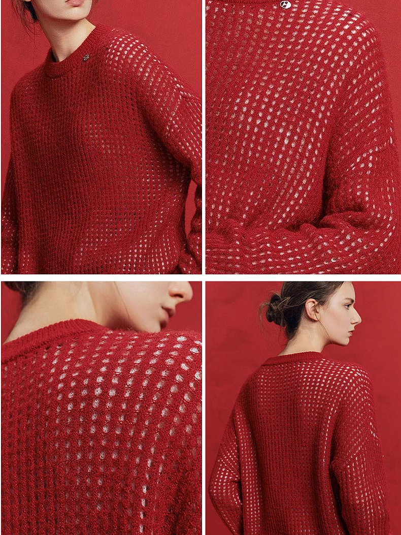Red Christmas Merino Wool Hollow-Out Knit Sweater for Women – New Soft, Relaxed & Cozy Loose Pullover