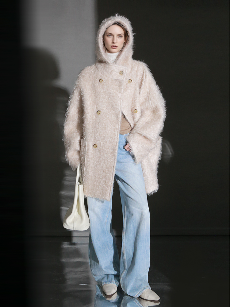 Cloud Plush Hooded Mohair Wool Coat for Women – Double-Faced Teddy Textured Wool Overcoat, Soft and Warm Winter Outerwear