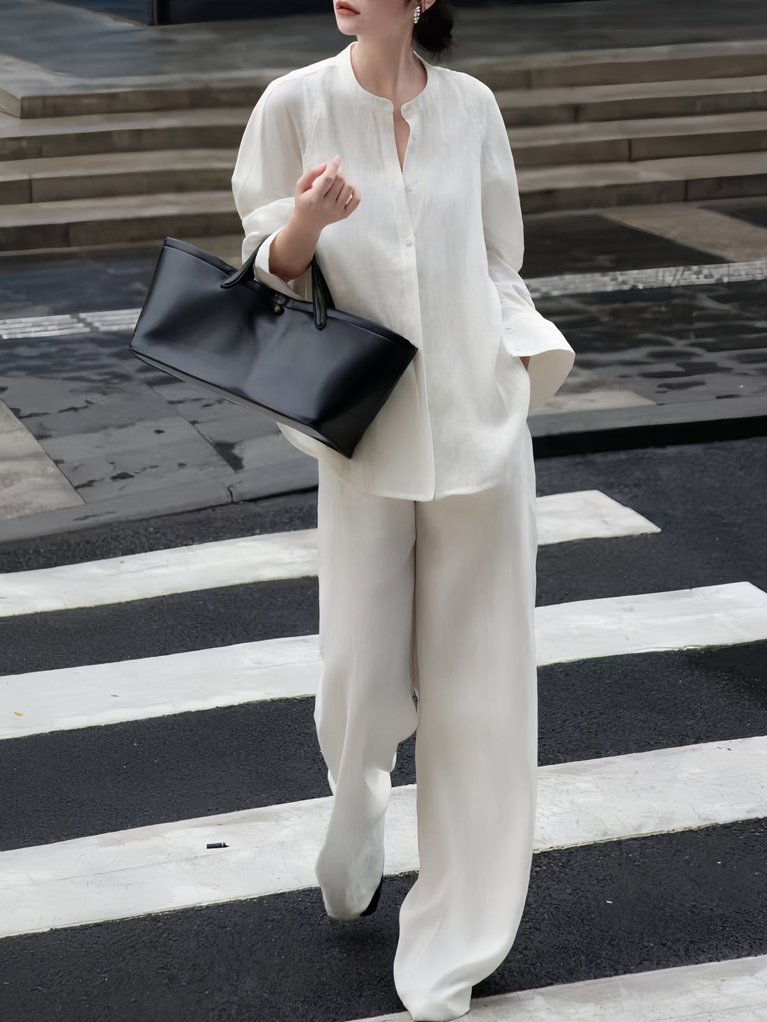 Resort Style Elegant Youthful Shirt Set with a Sense of Sophistication100Linen loose top and long pants two-piece set