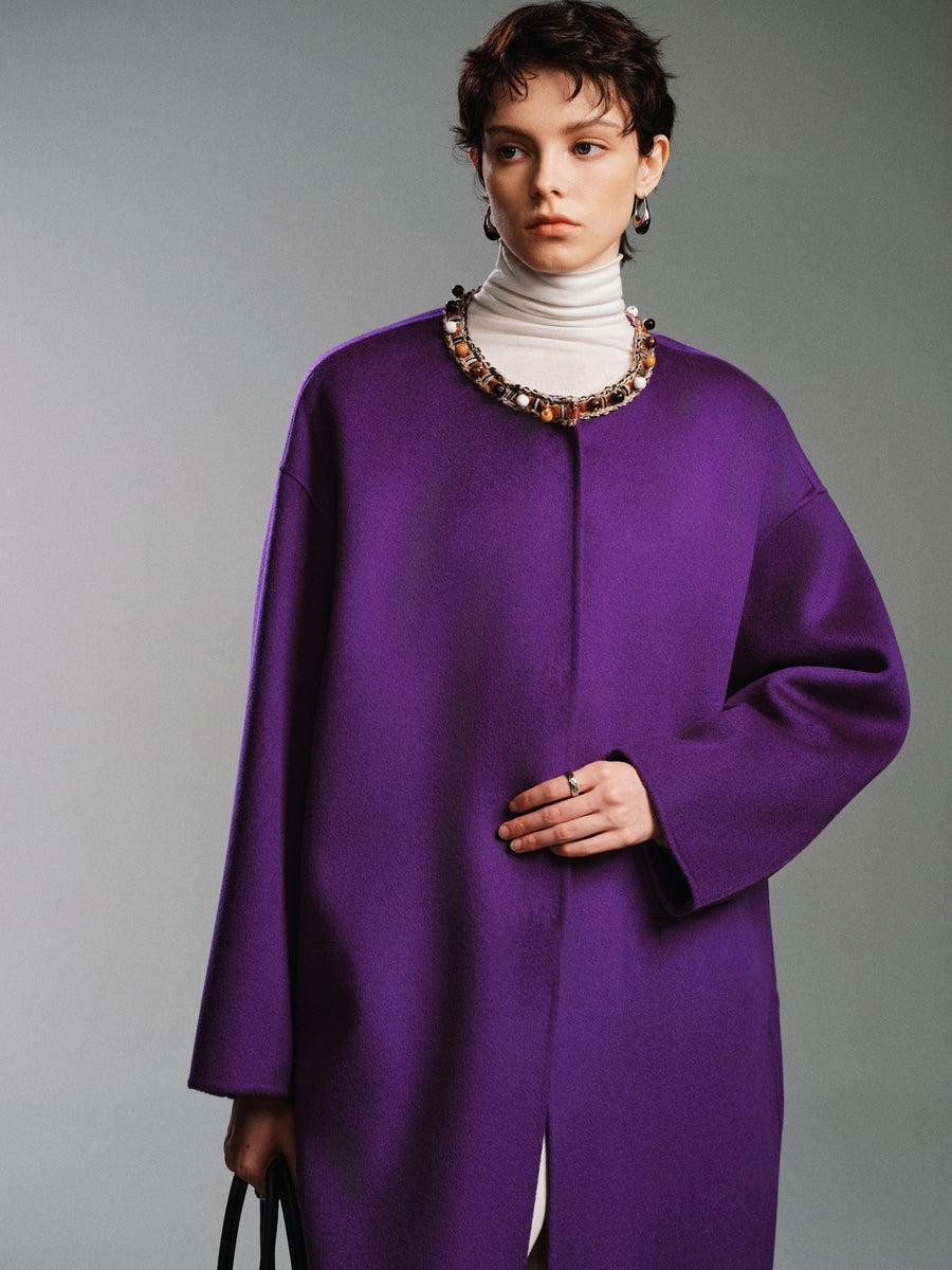 Luxury Cashmere Blend Beaded Coat | Original Designer Double-Sided Wool Overcoat for Women, Forest &amp; Deer Inspired Design