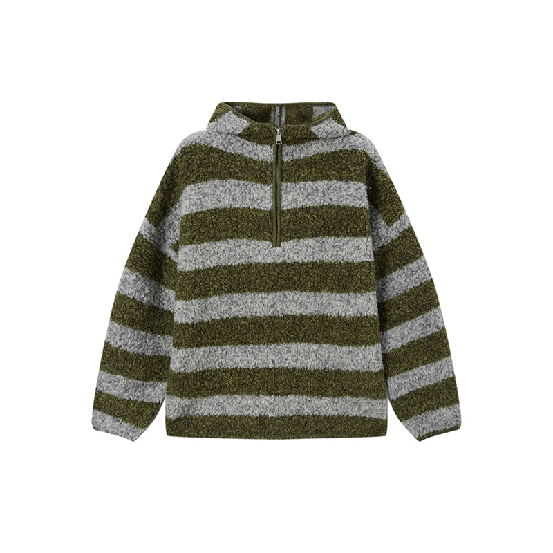 Pure Wool Hooded Striped Sweater for Women | Relaxed Half-Zip Loose-Fit Textured Knit Pullover