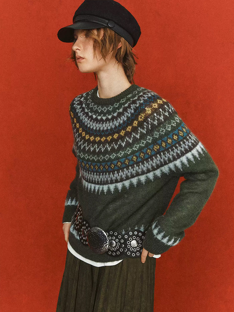 Fair Isle Geometric Knit Sweater for Women – Wool Mohair Blend Raglan Crewneck Pullover
