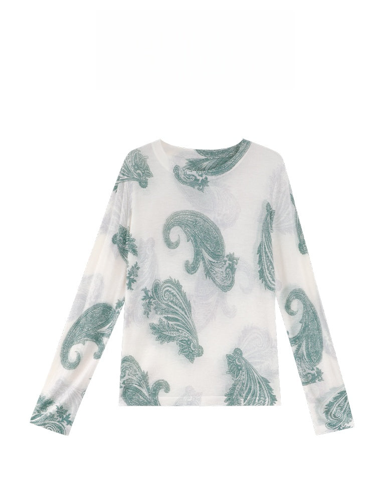 Hand-Painted Cashew Flower Print Wool Sweater – 16-Gauge Fine Knit Pullover with Waist Floral Design for Women