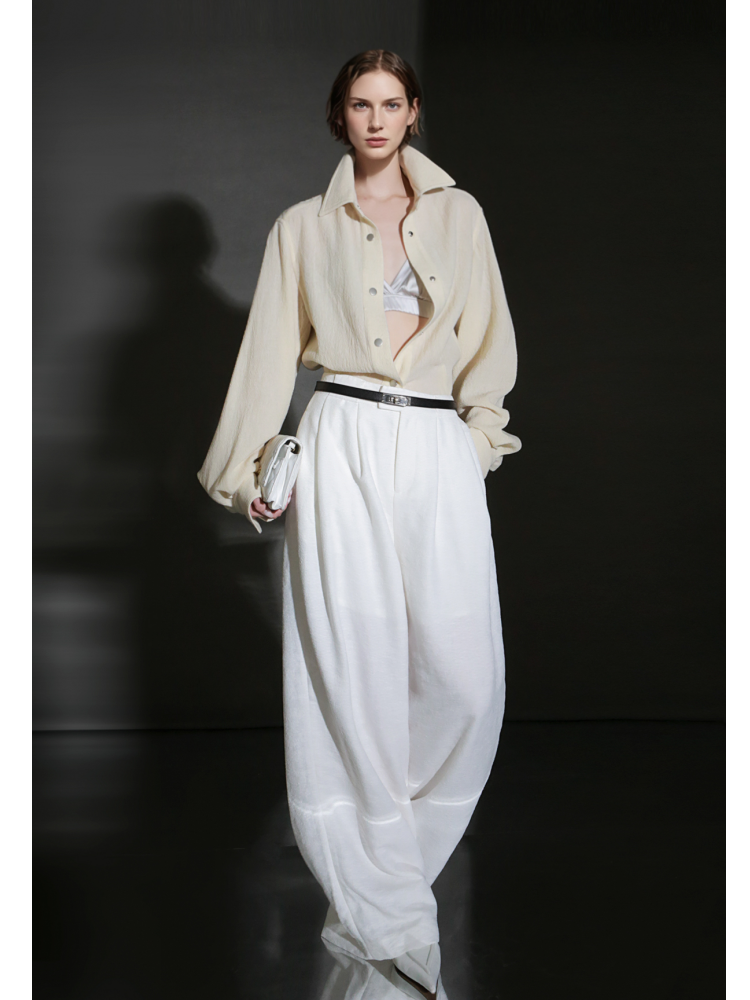 Old Money Style Wool Textured Shirt for Women – Luxury Fitted Button-Up Blouse with Metal Details, Fall Winter Collection
