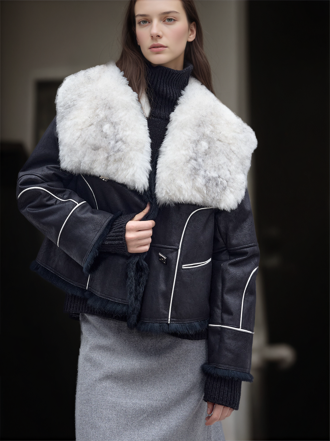 Women’s Short  Shearling Suede Coat with Wool-Blend Collar | Stylish Winter Jacket