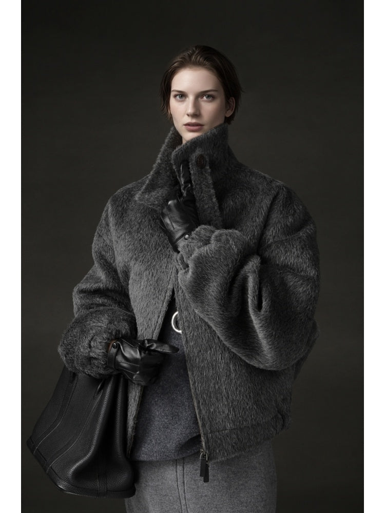 Vintage Harrington Jacket for Women – Luxury Suri Alpaca Wool Coat with Soft Textured Finish