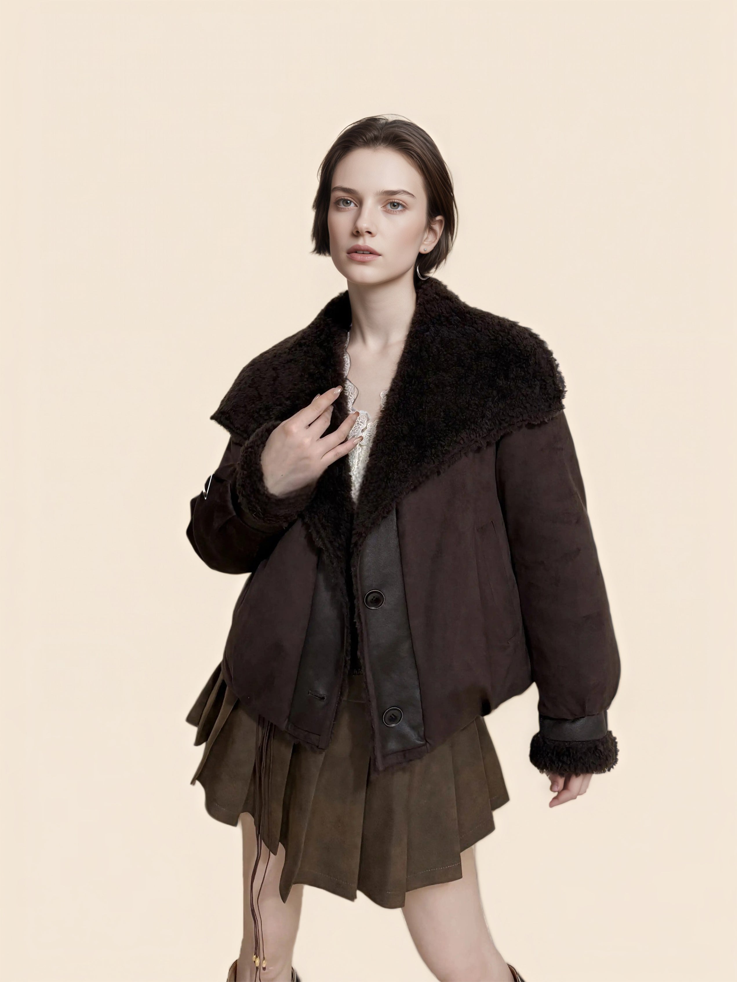 Reversible Suede-Finish Coat for Women – Faux Shearling Lined Winter Short Jacket with Lapel Collar