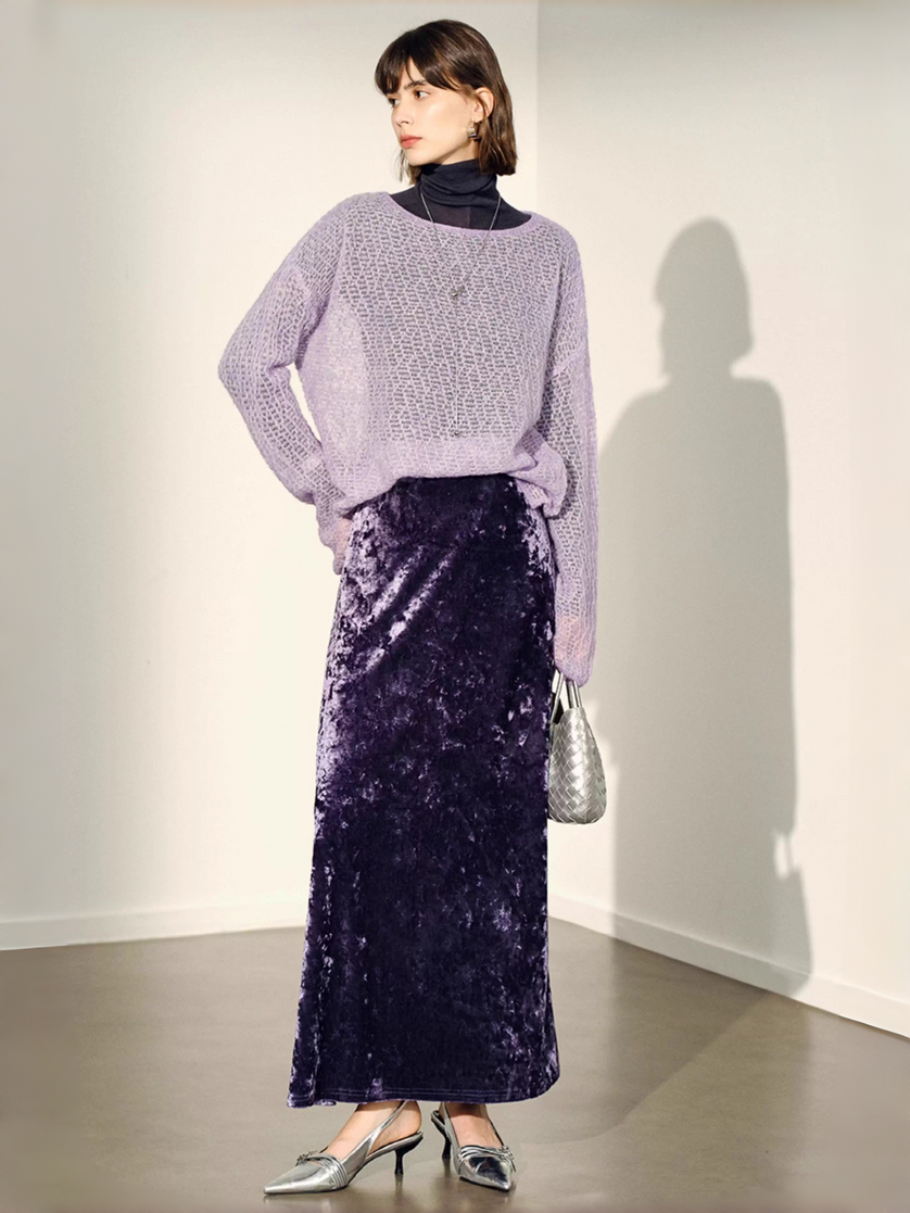 Elegant Purple Velvet Diamond-Touch High-Waist Midi Skirt