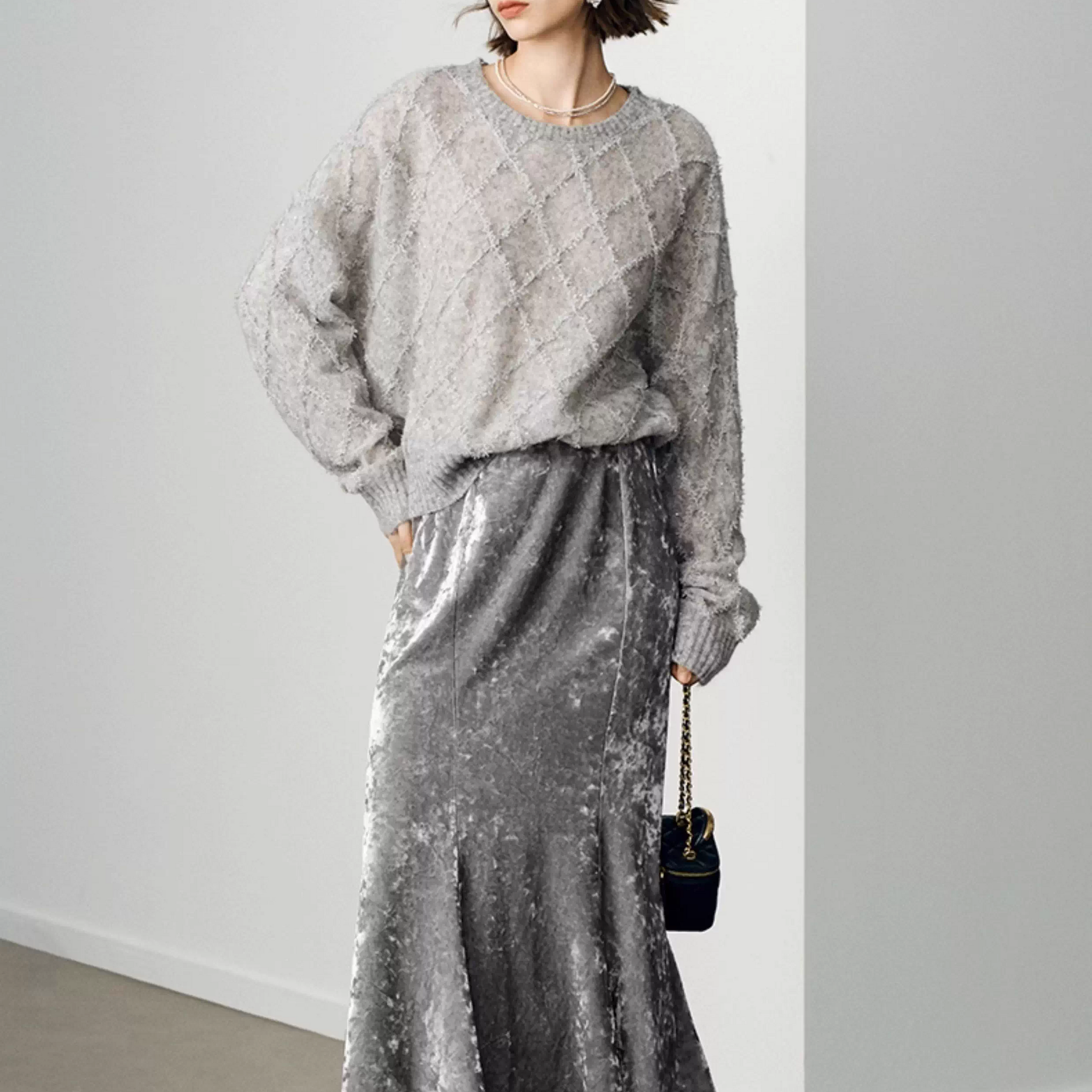 Elegant Diamond-Velvet Mermaid Skirt for Women – New Winter High-Waist Midi Velvet Skirt