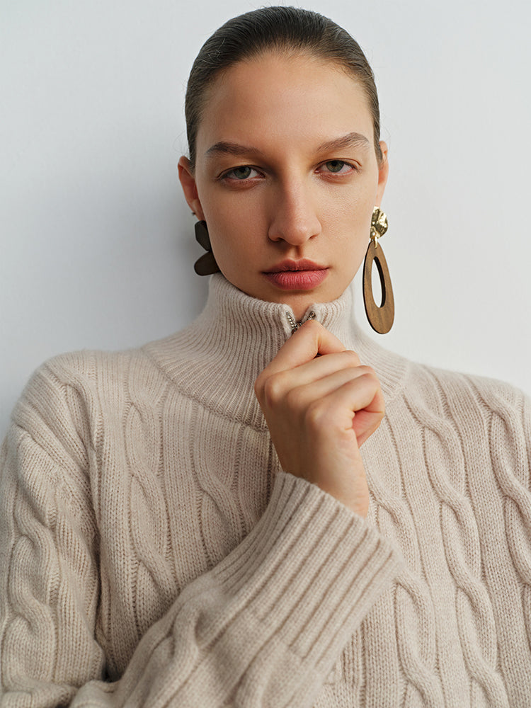 Relaxed Fit Zipper Cable Knit Wool Sweater for Women - Autumn/Winter Casual Sporty Loose Polo Shirt