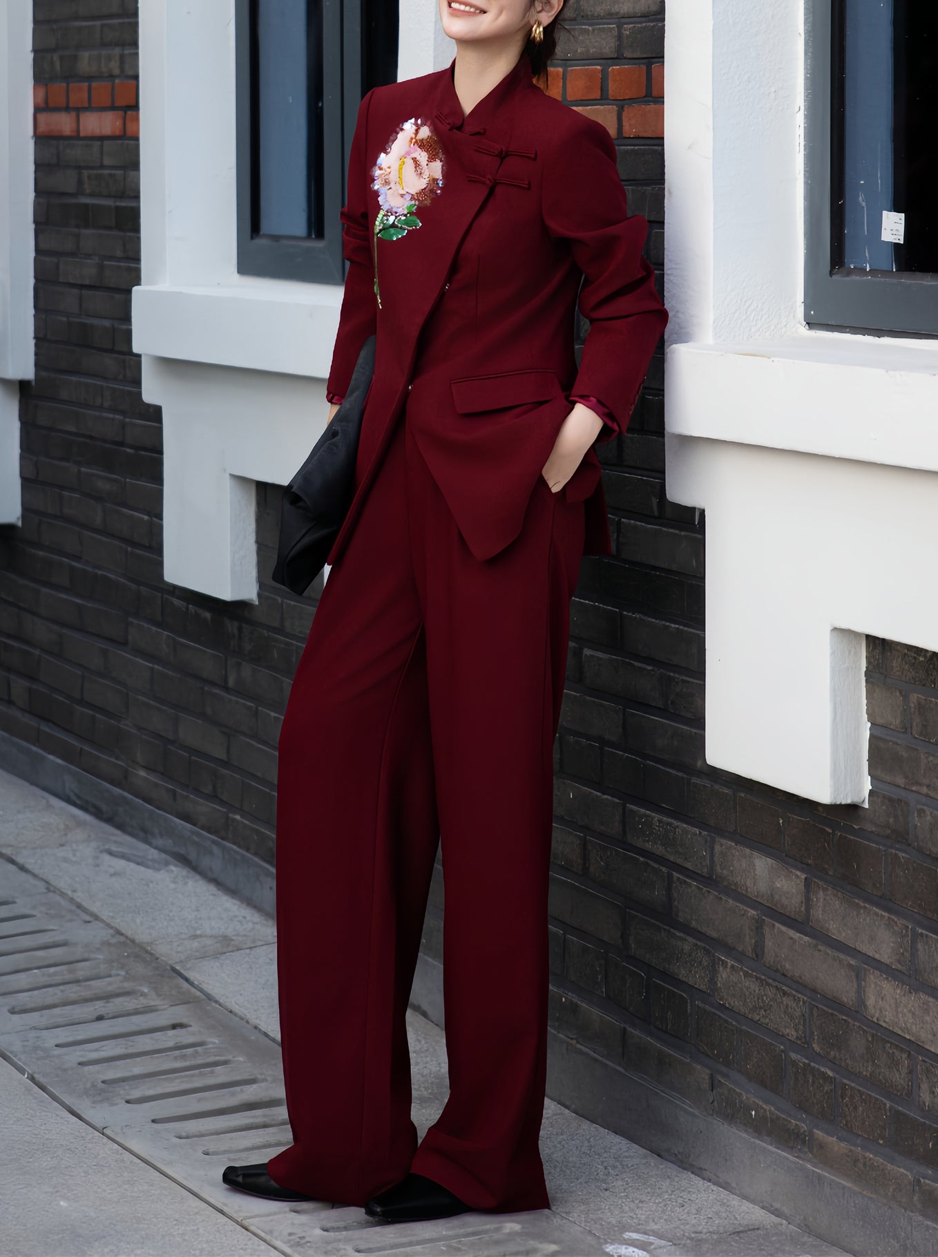 Glamorous Formal Attire | High-End Flower Embroidery & Knot Detailing Blazer & Wide-Leg Pants Set for Gala & Professional Events