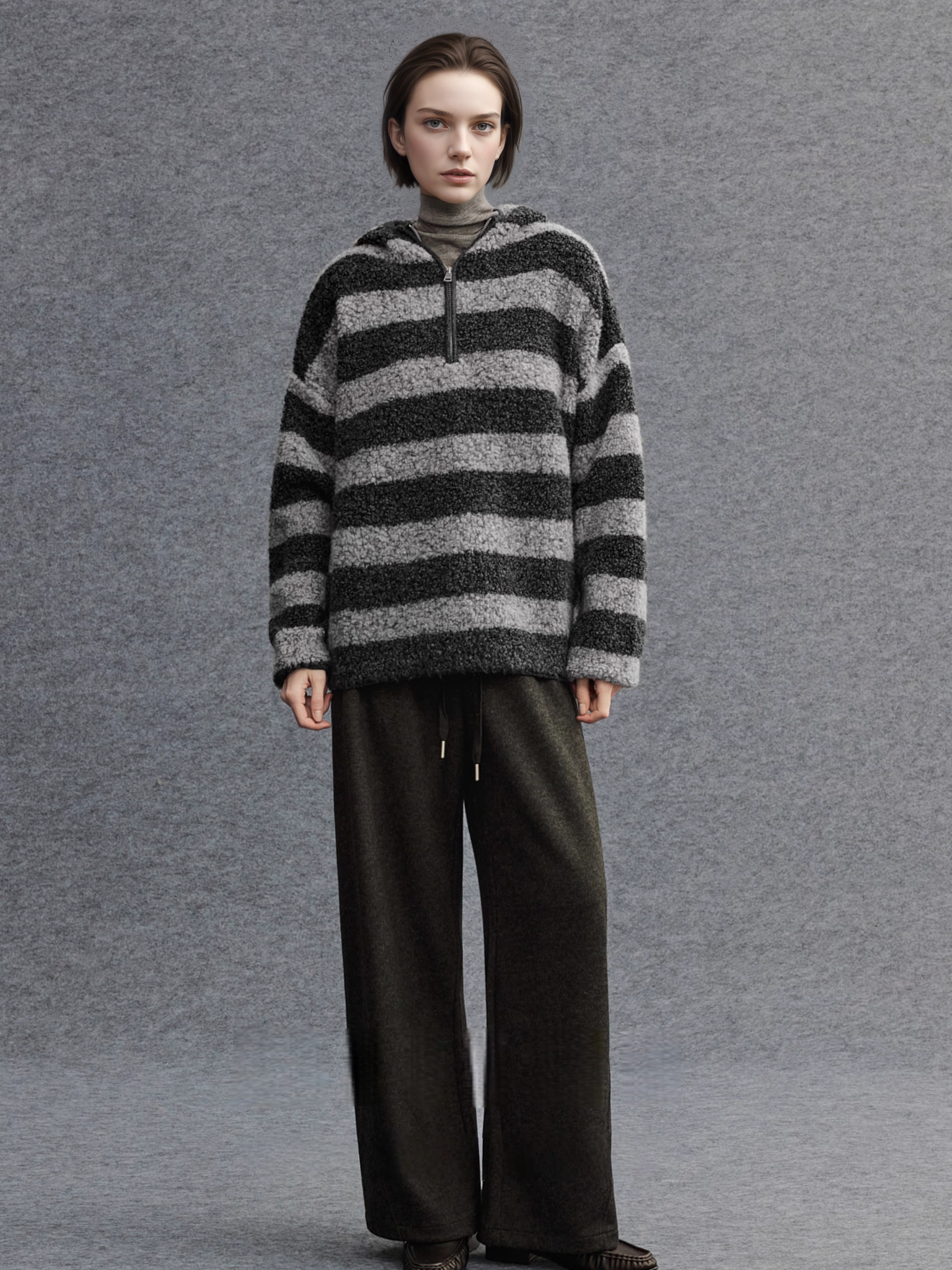 Pure Wool Hooded Striped Sweater for Women | Relaxed Half-Zip Loose-Fit Textured Knit Pullover