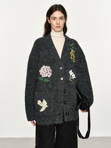 Women's Relaxed Vintage-Inspired Embroidered Wool-Blend V-Neck Knit Cardigan – Loose-Fit Sweater Outerwear