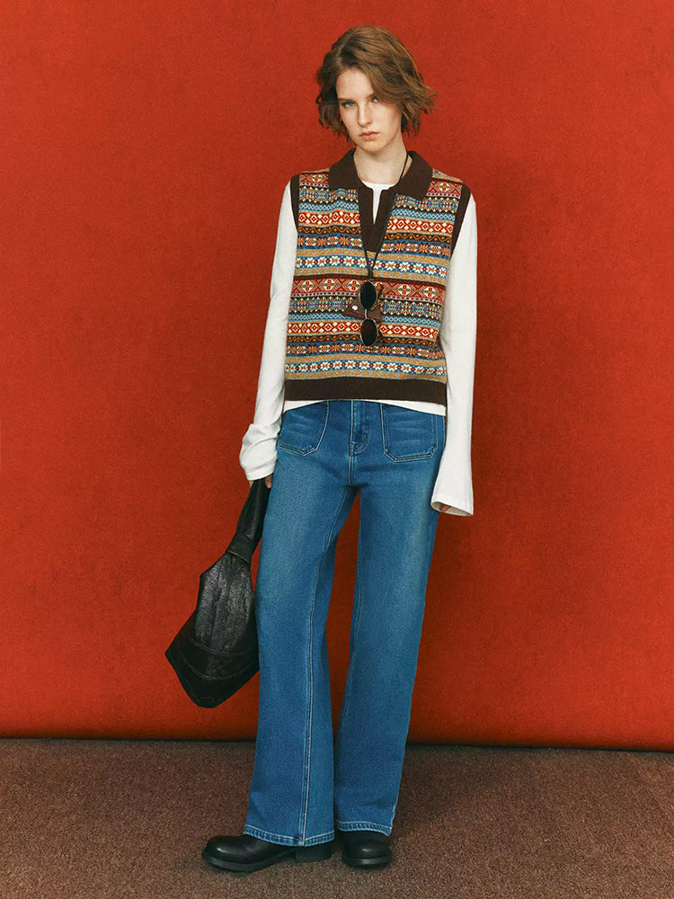 Fair Isle Jacquard Knit Vest for Women – French Vintage Scissor V-Neck Geometric Sweater Top