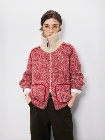 Women's Pure Cashmere Vintage Marled Zip-Up Cardigan – Relaxed Stand-Collar Knit Sweater