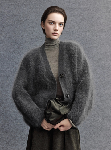 Brushed Merino Wool Knit Sweater | Minimalist Relaxed-Fit Brushed Short Jacket for Women