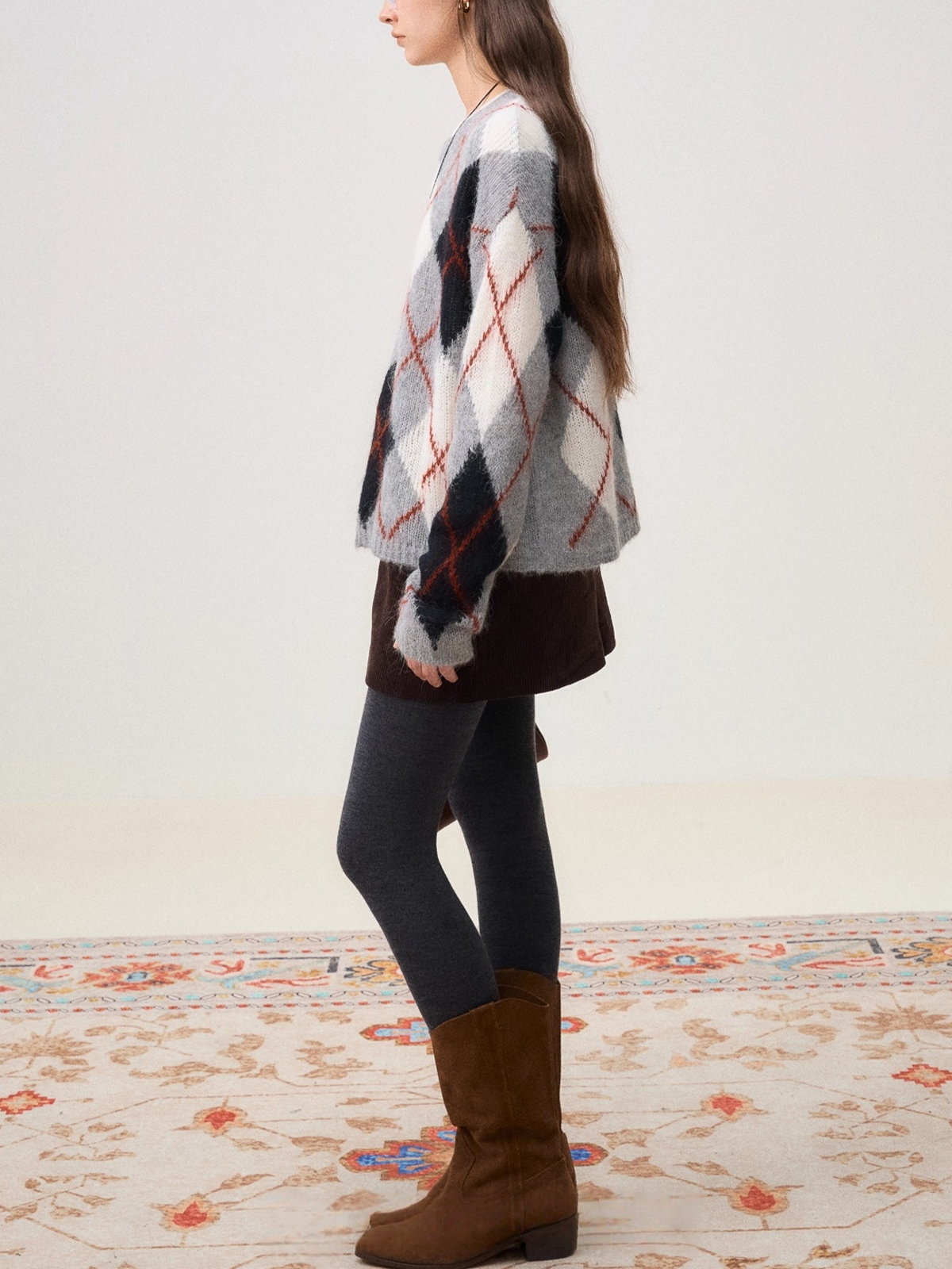 Peruvian Alpaca Wool Diamond-Pattern Pullover Sweater | Warm, Breathable Color-Contrast Knit