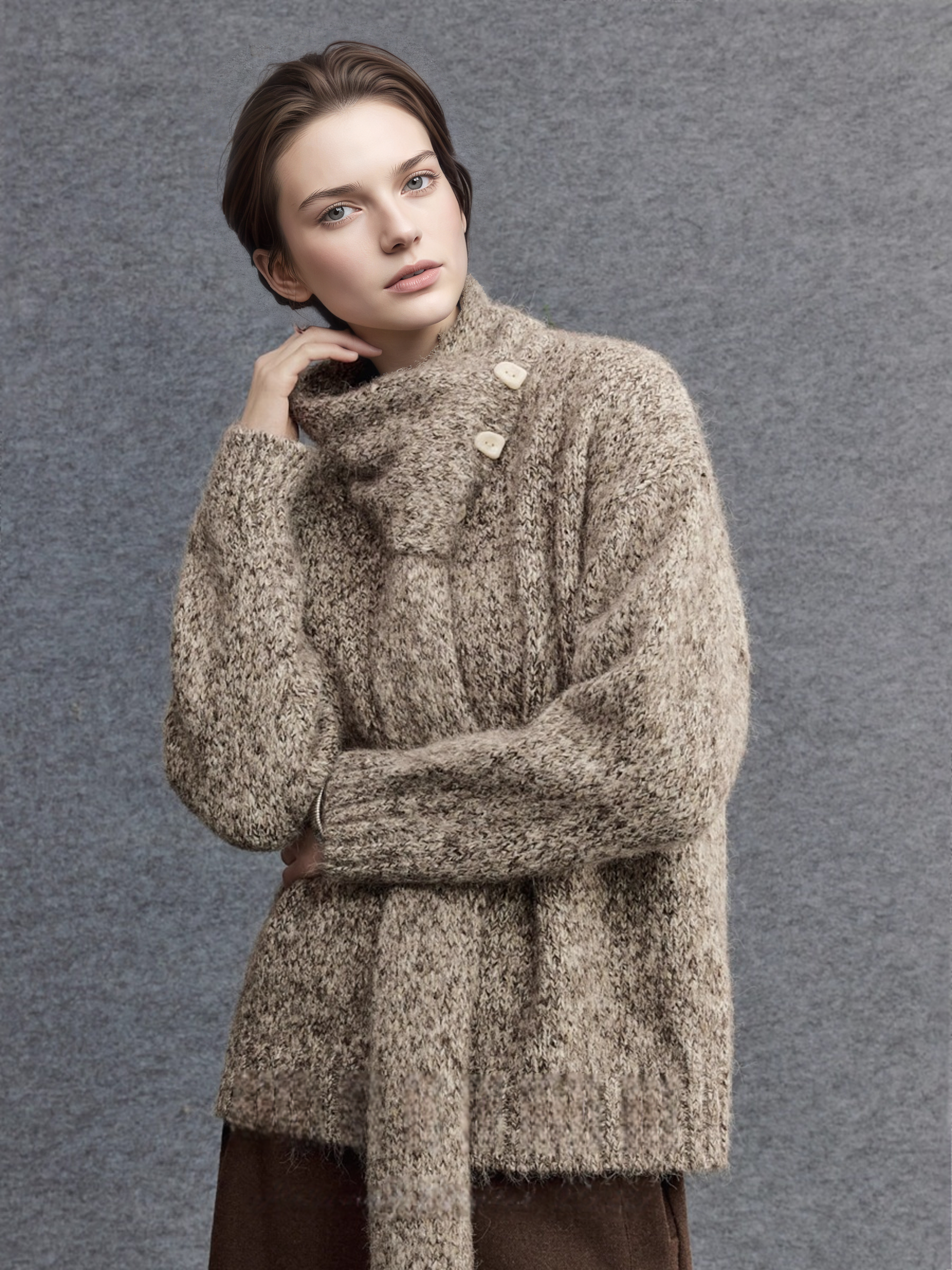 Textured Mélange Knit Sweater with Detachable Scarf | Relaxed H-Silhouette Drop-Shoulder V-Neck Pullover for Women