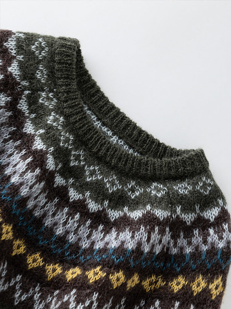 Fair Isle Geometric Knit Sweater for Women – Wool Mohair Blend Raglan Crewneck Pullover