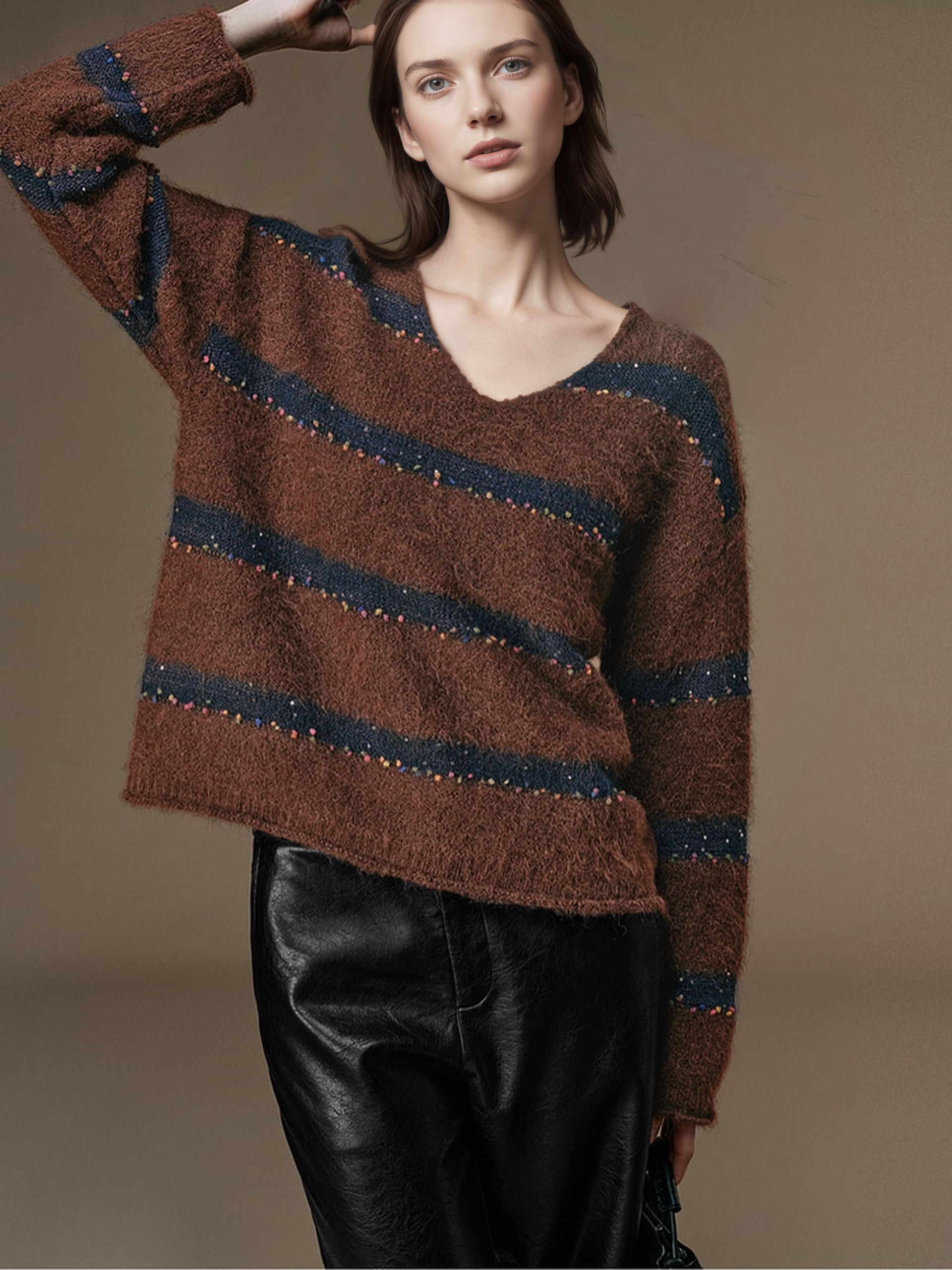 Soft Wool V-Neck Striped Sweater with Colorful Pom Details and Subtle Sequins | Relaxed Winter Knitwear