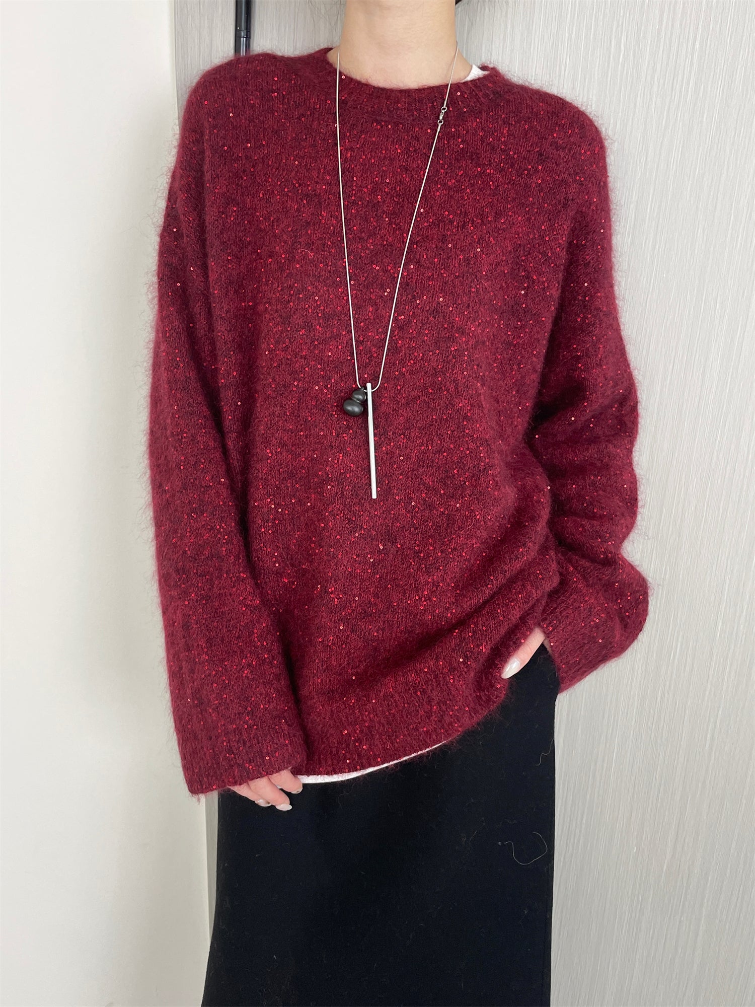 Women’s Premium Mohair Alpaca Wool Sweater | Soft Brushed Knit Pullover with Sequin Yarn for Winter