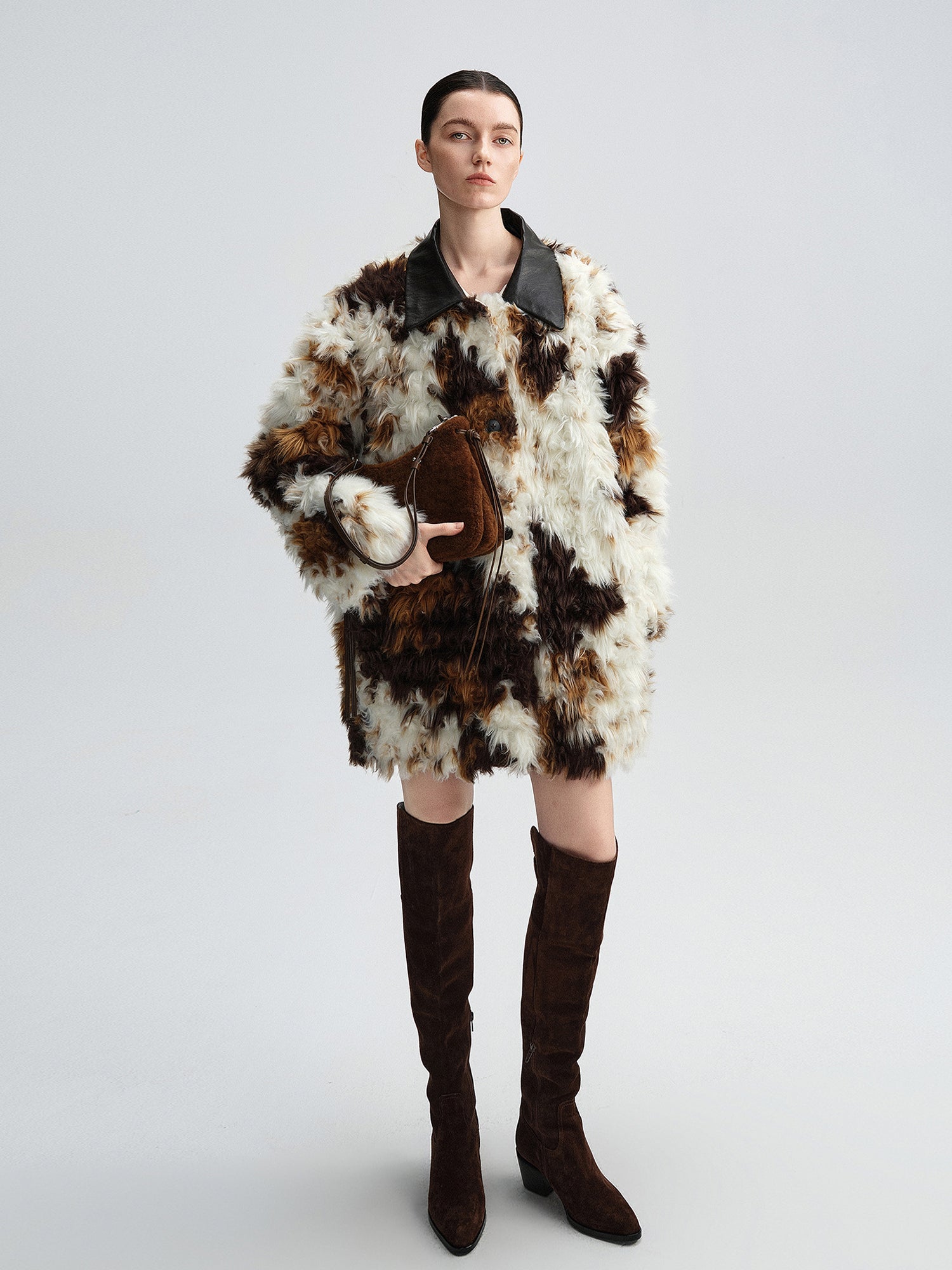 Cow-Pattern Faux Fur Coat for Women – Winter Colorblock Eco-Friendly Fur Jacket with Contrast Collar