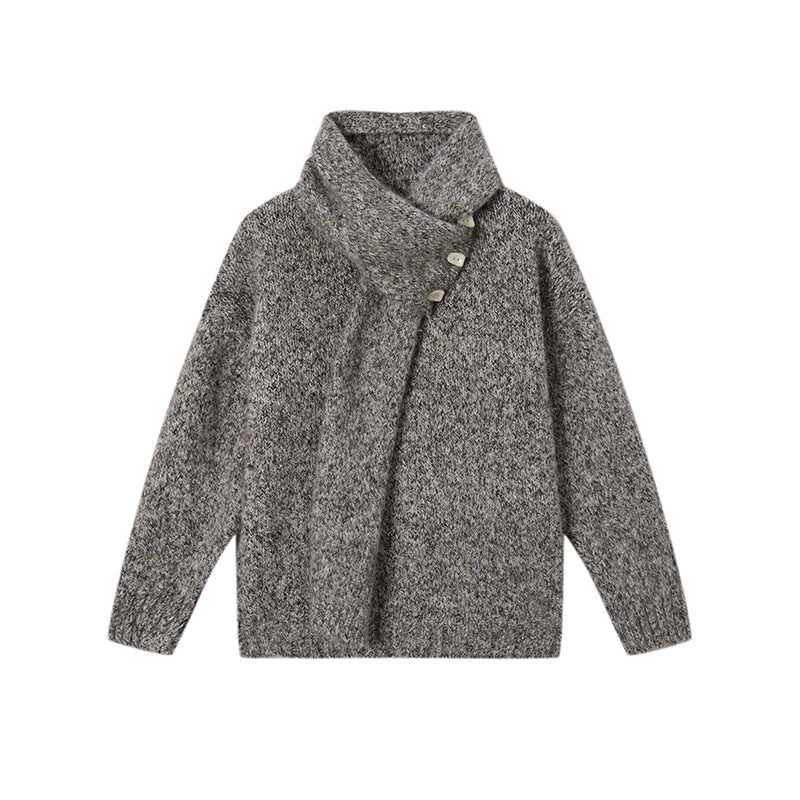 Textured Mélange Knit Sweater with Detachable Scarf | Relaxed H-Silhouette Drop-Shoulder V-Neck Pullover for Women