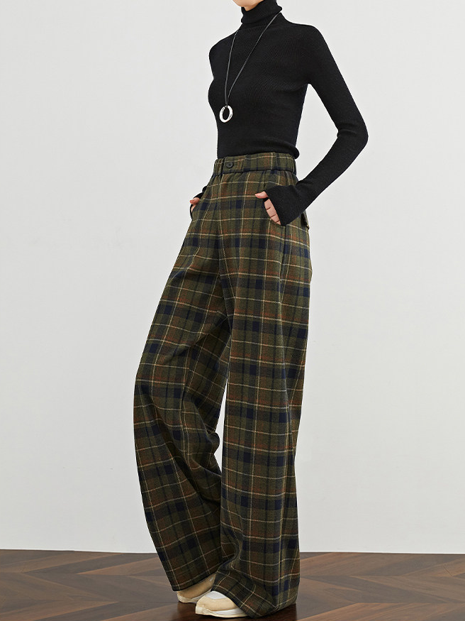 Women's Vintage Plaid Wide-Leg Pants – High-Waist Relaxed Fit Extended Casual Trousers with Elastic Waist