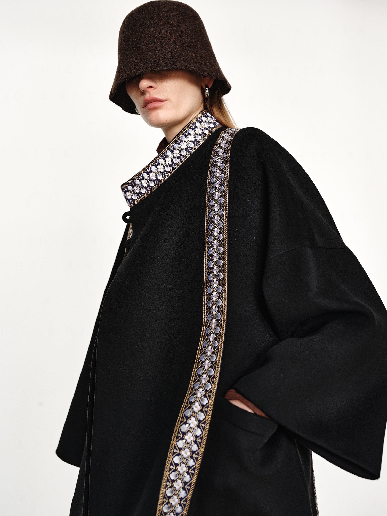 20% Cashmere Embroidered Double-Faced Wool Coat for Women – Short Wool Blend Overcoat