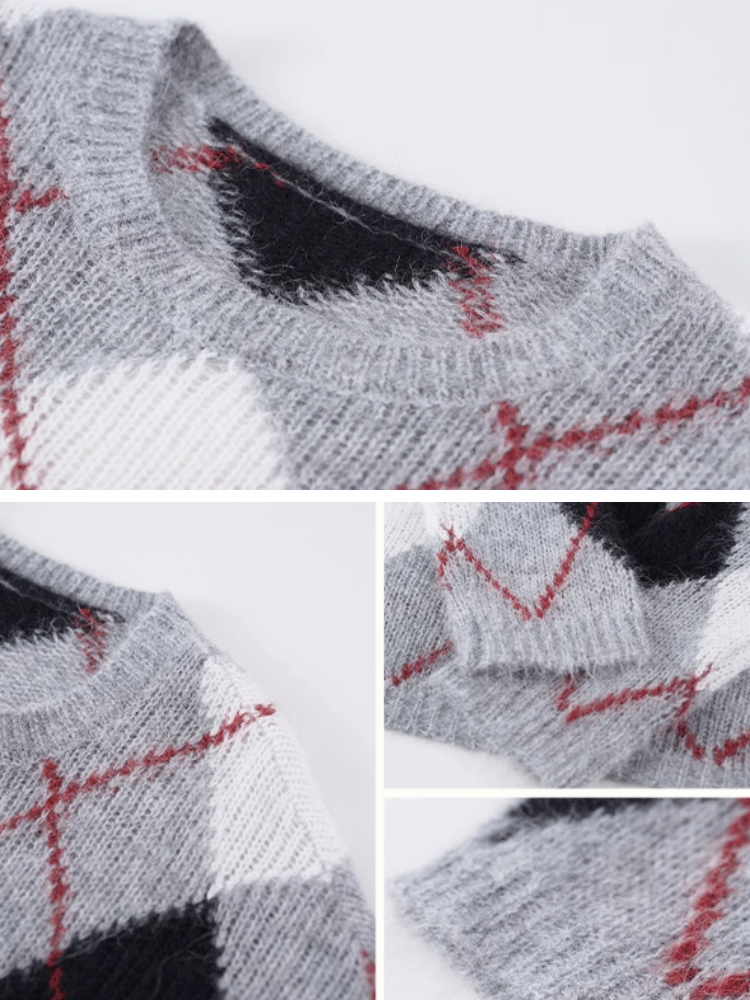 Peruvian Alpaca Wool Diamond-Pattern Pullover Sweater | Warm, Breathable Color-Contrast Knit