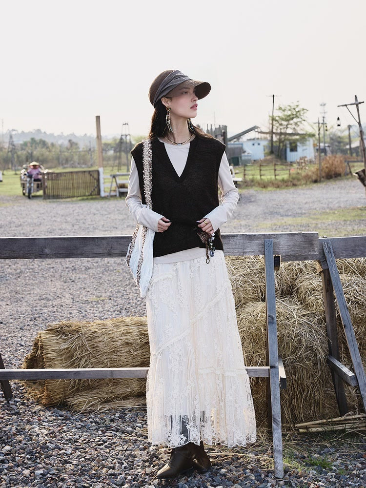 French Romantic Lace Hollow Skirt with Heavy Embroidery | Autumn Elegant A-Line Midi Skirt