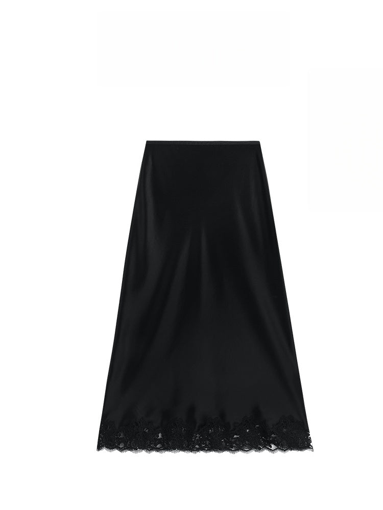Row-Style Elegant Black-Tail Skirt – Flowing Lace Triacetate Midi Skirt for Women